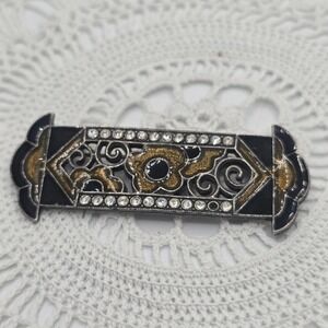 Pierre Bex Art Deco Revival Enamel Bar Brooch French Rhinestone Vintage Pin
